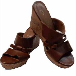 Franco Sarto Brown Faux Cork Wedge 8 Mule Open Toe Preppy Y2K Slide Dress Sandal